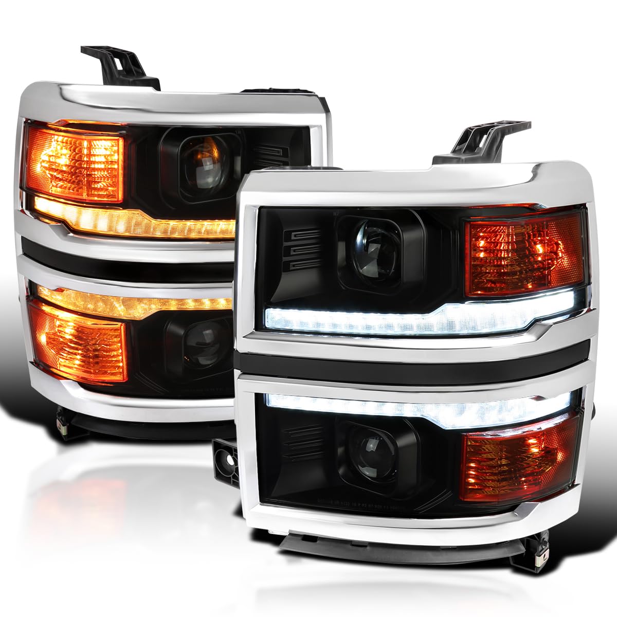 Black Smoke SPEC-D TUNING w/Silver Trim Projector Headlights w/Sequential Switchback LED Strip and Startup Animation Compatible with 2014-2015 Chevy Silverado 1500, Left + Right Pair Headlamps