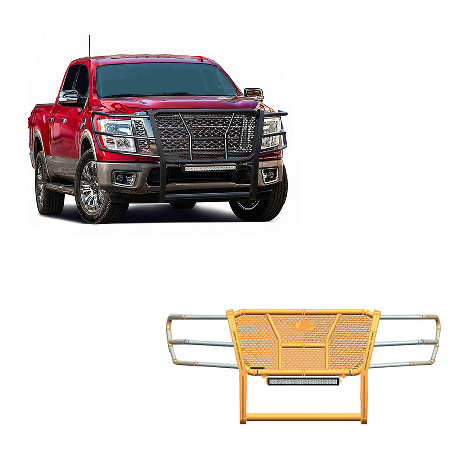 Heavy Duty Black Horse RUGGED Grille Brush Bumper Guard Modular Black Come with 20" Double Row LED Light Compatible with 2017-2024 Nissan Titan-RU-NITI17-B-K1