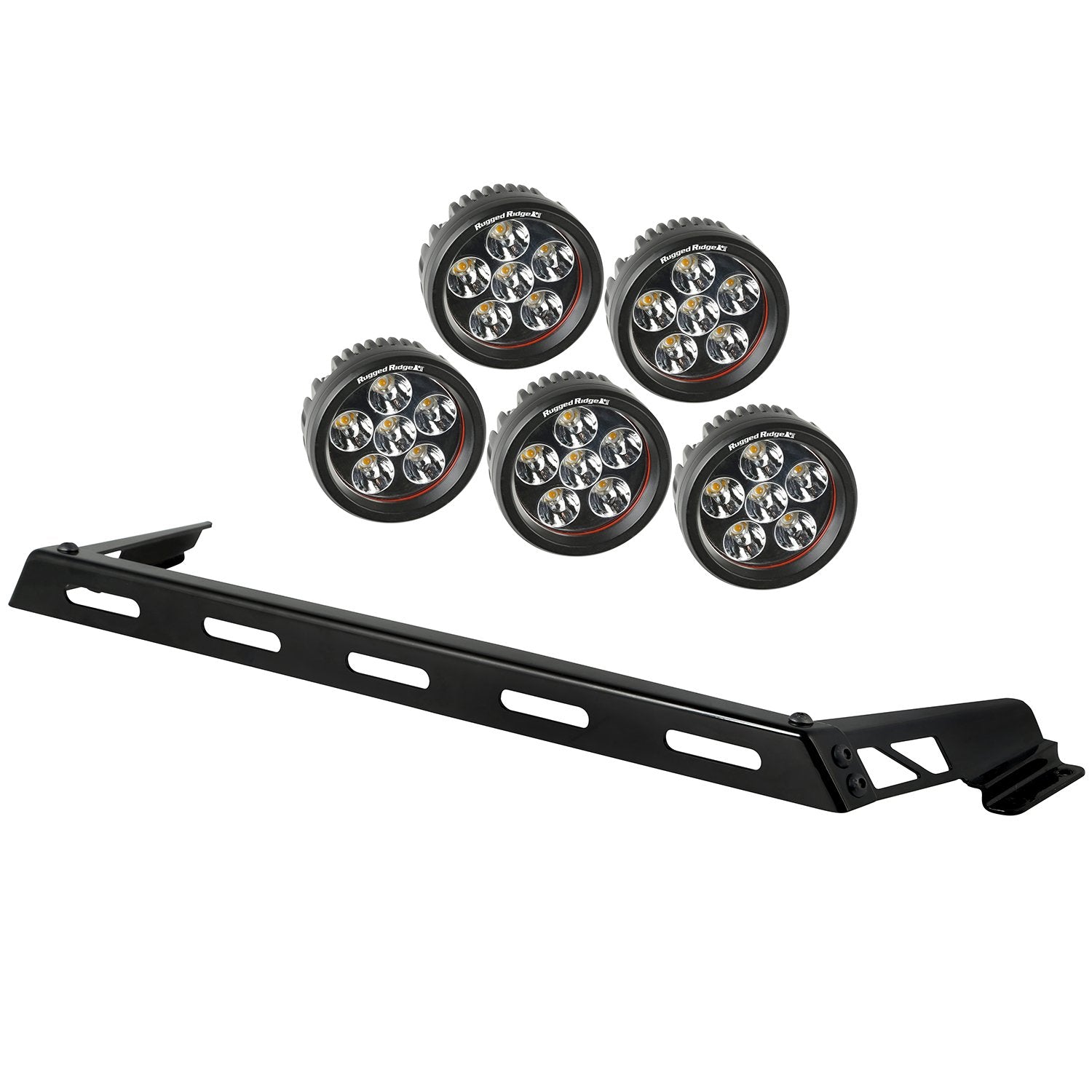 Light Bar Kit, Rugged Ridge Hood Mounted, 5 Round | 11232.07 | Fits 2007-2018 Jeep Wrangler JK