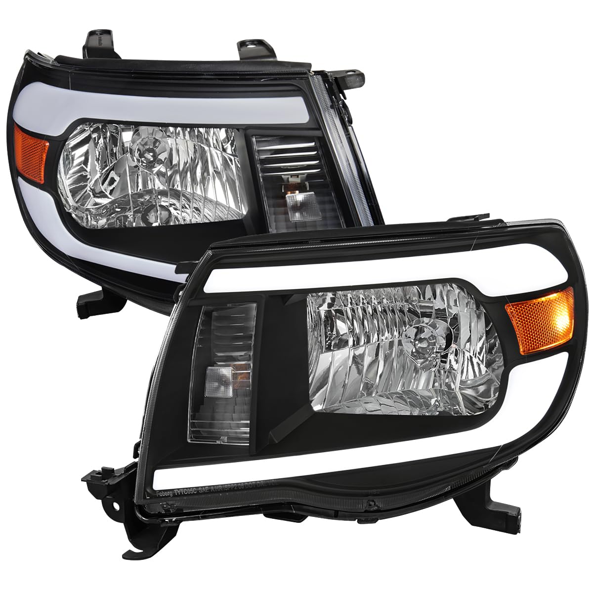 Black Headlights w/LED Tube SPEC-D TUNING Compatible with 2005-2011 Toyota Tacoma, Left + Right Pair Headlamps Assembly