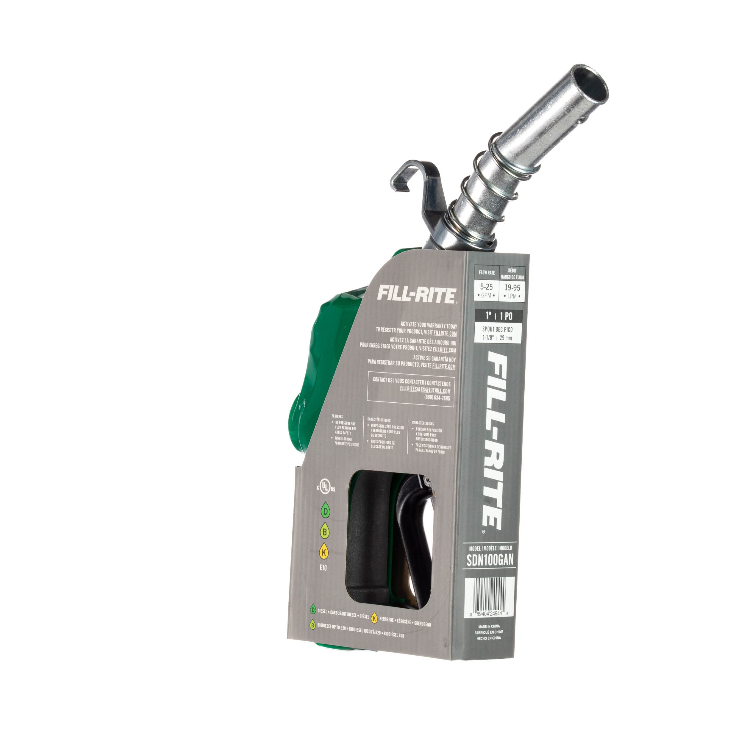 Fill-Rite 1” SDN100GAN 5 to 25 GPM Automatic Standard Duty Fuel Transfer Nozzle, Green - For Gasoline, Diesel, Biodiesel up to B20, E15 & Kerosene