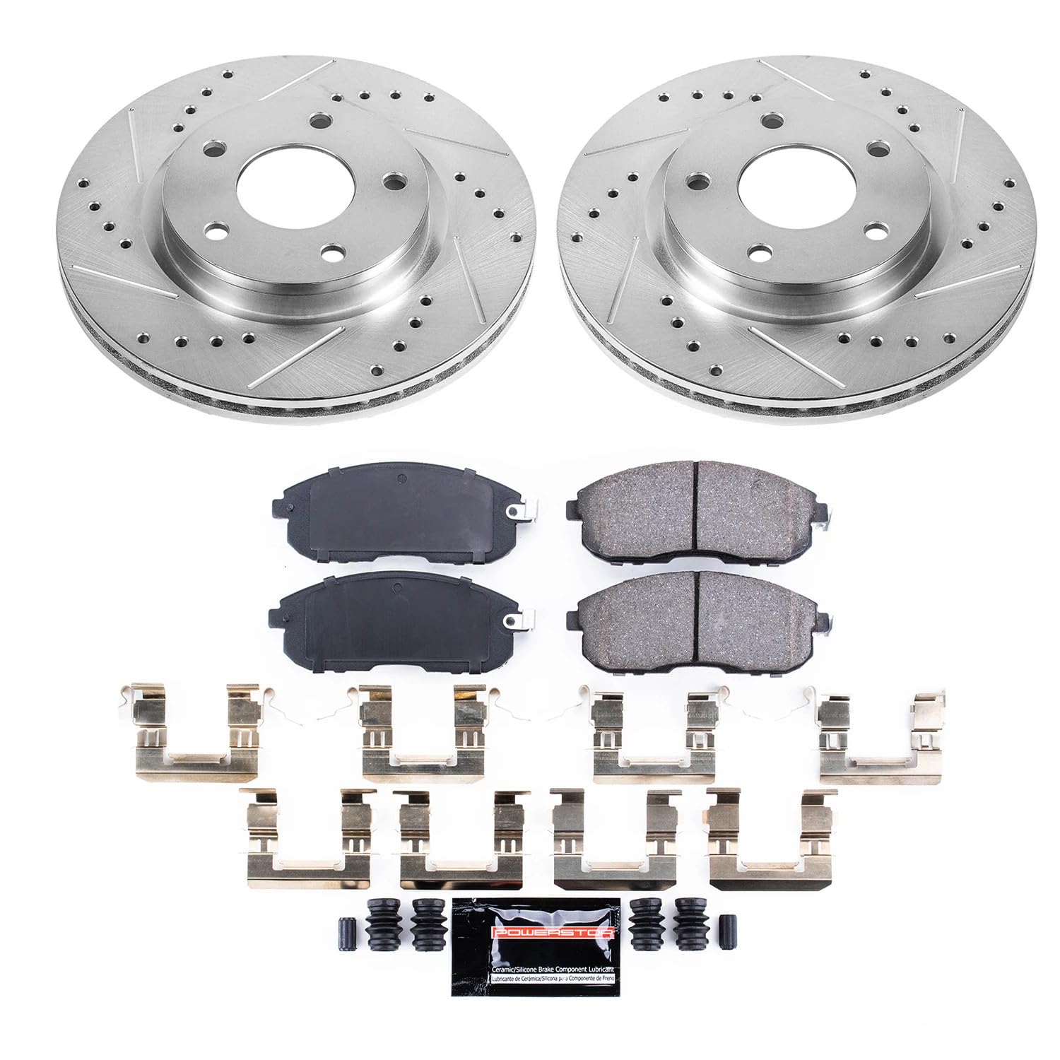 Power Stop K6961 Z23 Carbon Fiber Brake Pads Front with Drilled & Slotted Brake Rotors Kit For Nissan Sentra 2013-2019 [Model Specific]