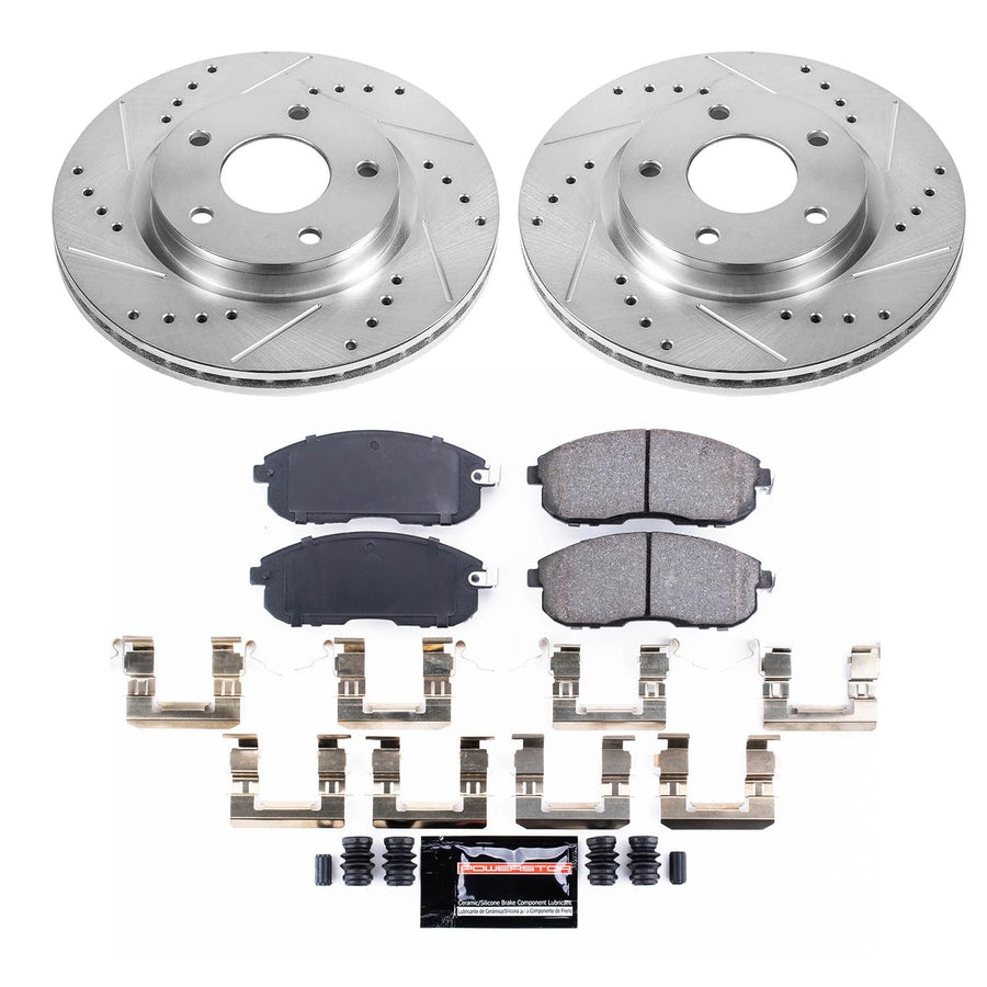 Power Stop K6961 Z23 Carbon Fiber Brake Pads Front with Drilled & Slotted Brake Rotors Kit For Nissan Sentra 2013-2019 [Model Specific]