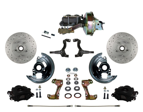 Power Front Disc Brake Kit LEED BRAKES Drilled And Slotted Rotors, Black Powder Coated Calipers With 9" Booster Disc/Drum