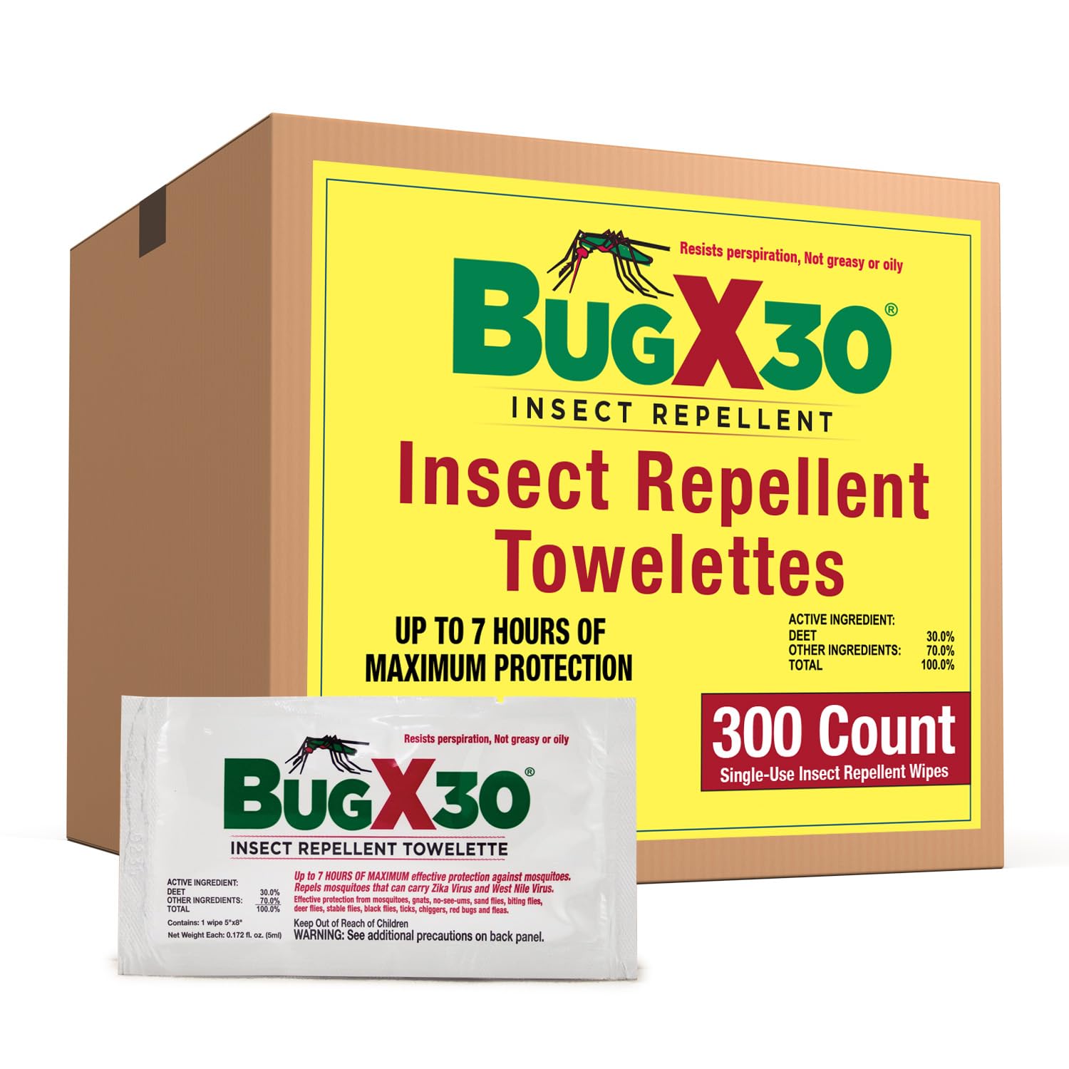 30 Mosquito, Tick, & Insect Repellent Wipes CoreTex Bug X with 30% DEET - Pack of 300 Single-Use Bug Repellent Wipes for Up to 7 Hours of Reliable Protection Against 12 Types of Biting Insects