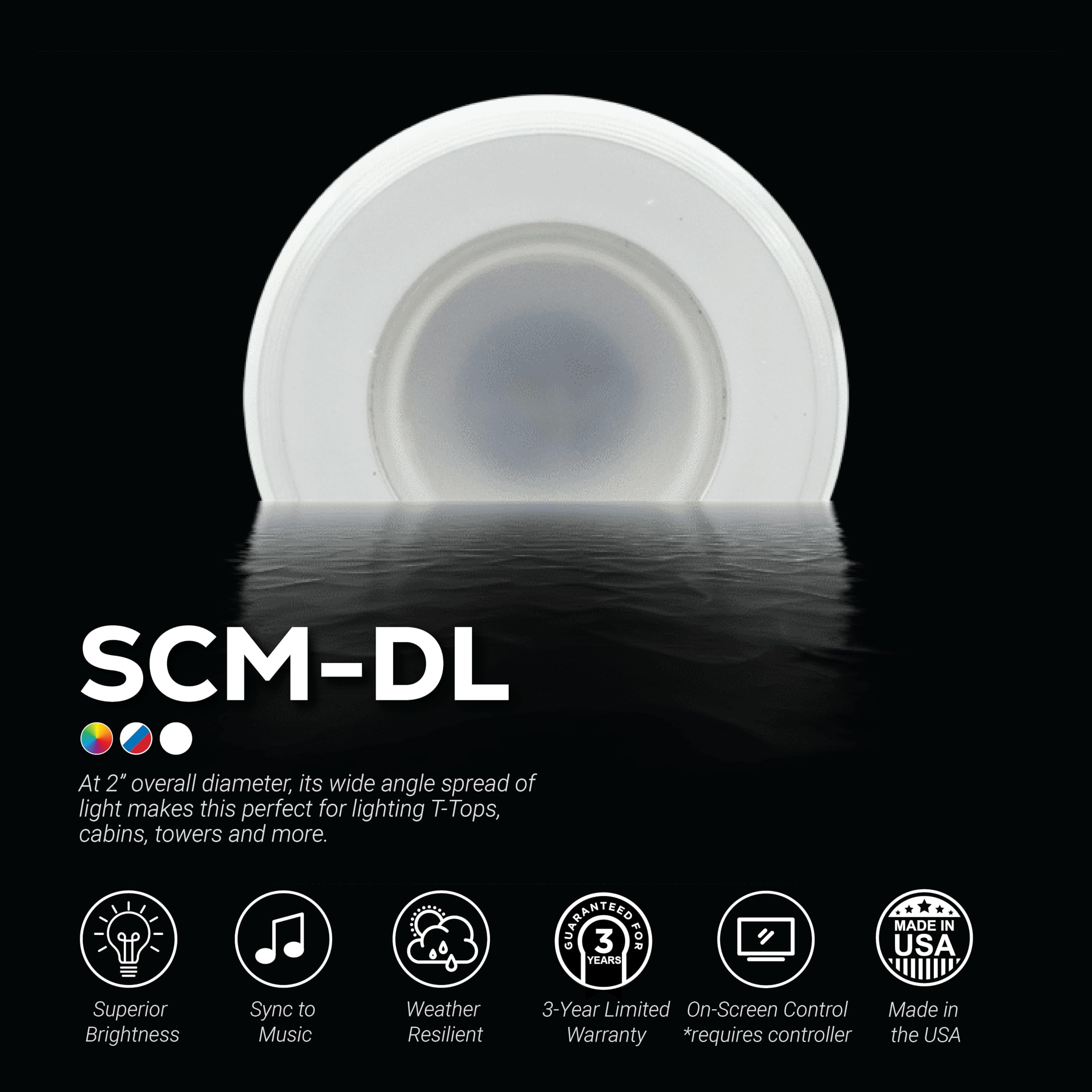 Large LED Down Light - shadow-caster Simplified 2" - Black Housing - Red/White/Blue - Waterproof