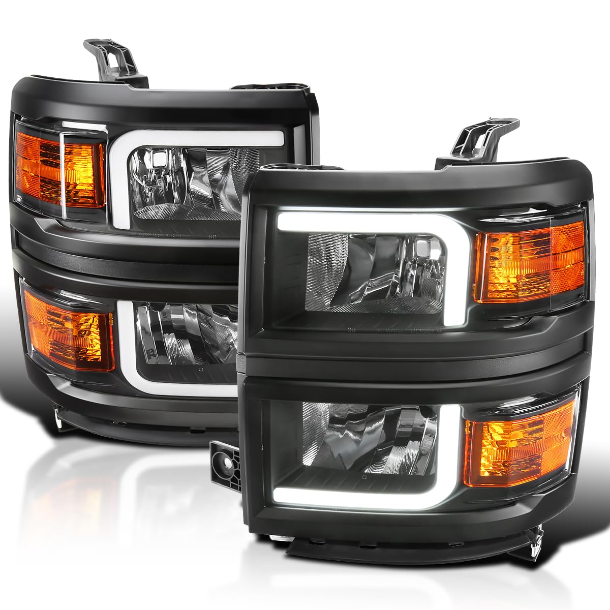 Black Headlights w/LED Light Bar and Black Trim SPEC-D TUNING Compatible with 2014-2015 Chevy Silverado 1500, Left + Right Pair Headlamp Assembly