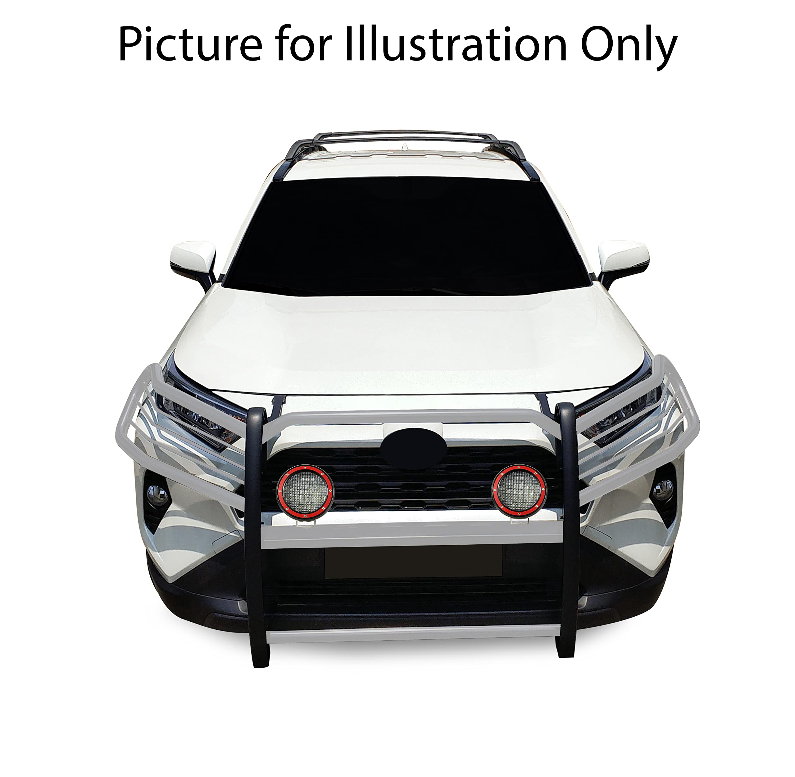 Grille Brush Black Horse Bumper Guard Modular Stainless Steel Come with Pair of 5.3" Dia.LED Lights with Red Trim Rings Compatible with 2019-2024 Toyota RAV4-17A093904MSS-PLFR