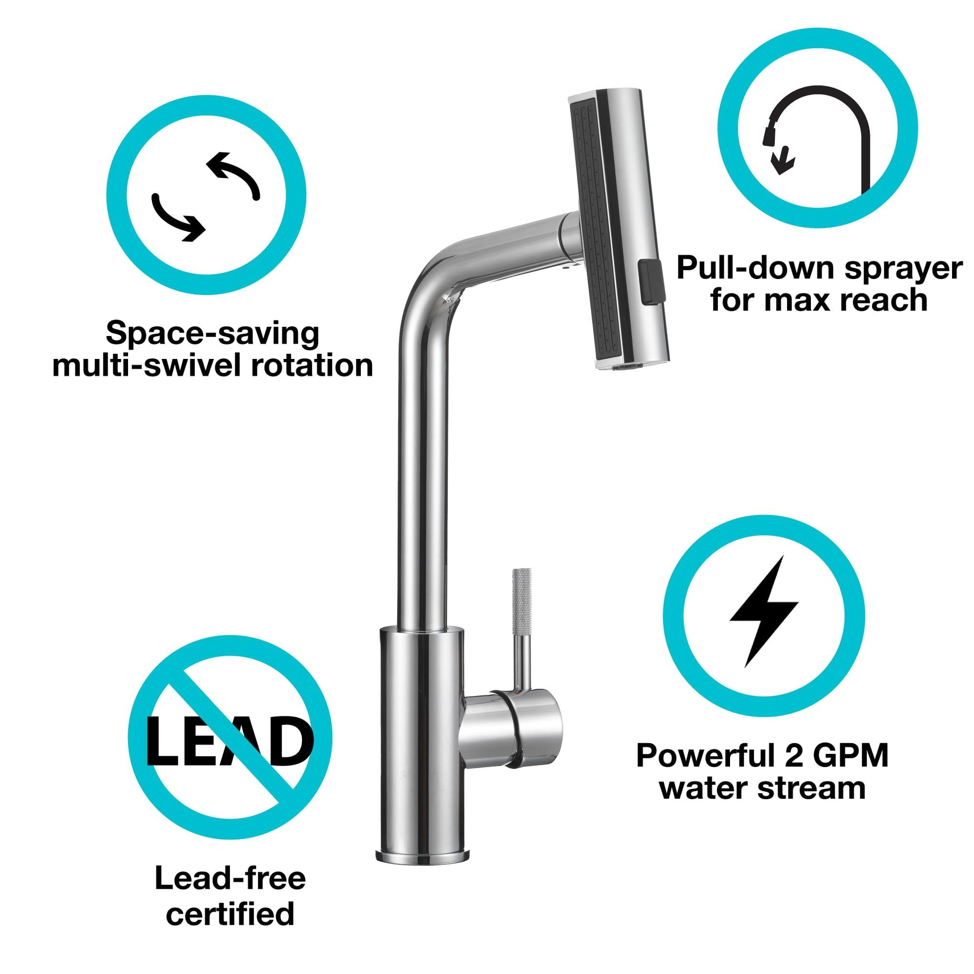 Dura Faucet Rainfall (DF-MK511X-CP) RV Kitchen Faucet – Chrome, Dual-Mode Rotating Spray Head (Wide Waterfall & Stream), Single Lever Handle, Lead-Free, Easy Install Compact Sink Faucet