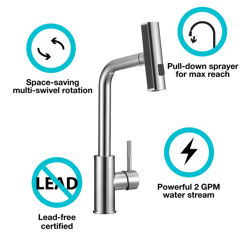Dura Faucet Rainfall (DF-MK511X-CP) RV Kitchen Faucet – Chrome, Dual-Mode Rotating Spray Head (Wide Waterfall & Stream), Single Lever Handle, Lead-Free, Easy Install Compact Sink Faucet