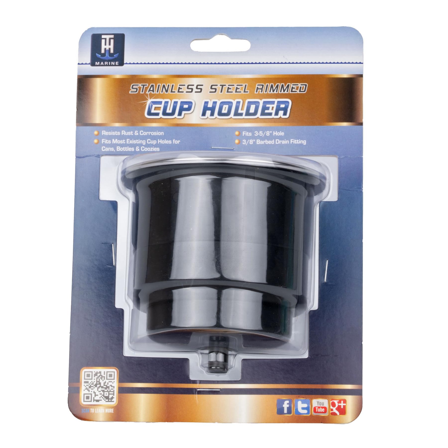T-H Marine Drink Holder Molded with Fixed Stainless Steel Rim – Corrosion Resistant 316 Stainless – Built-in Drain Hole – Stepped Cup Design – Fits Multiple Drink Sizes – Black Plastic Insert