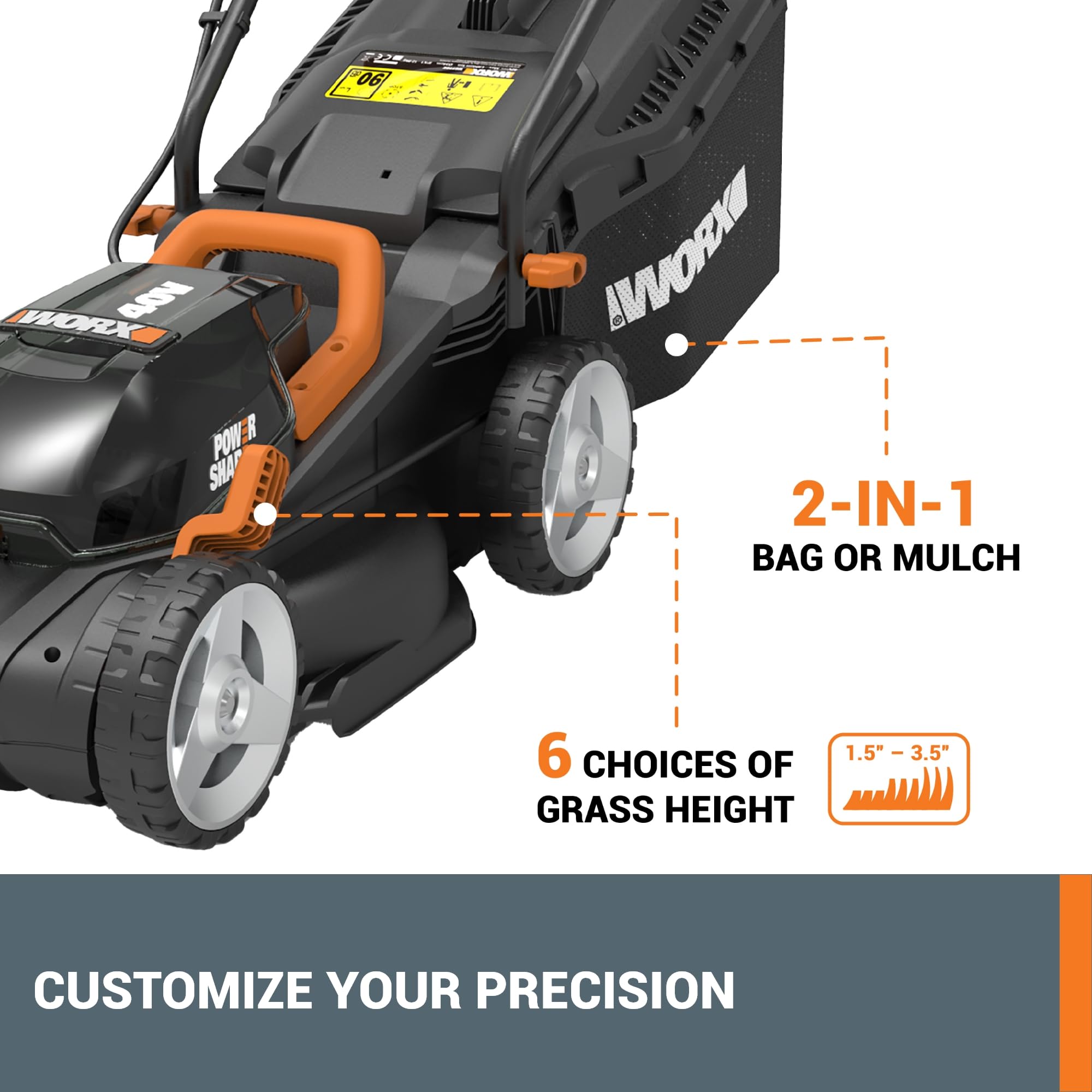 14" WORX Cordless Lawn Mower, 2 in 1 Electric Mower Cuts Quietly, Compact & Lightweight Push Lawn Mower with 6-Position Height Adjustment for Small Yards, 2 Batteries & Charger Included, WG779