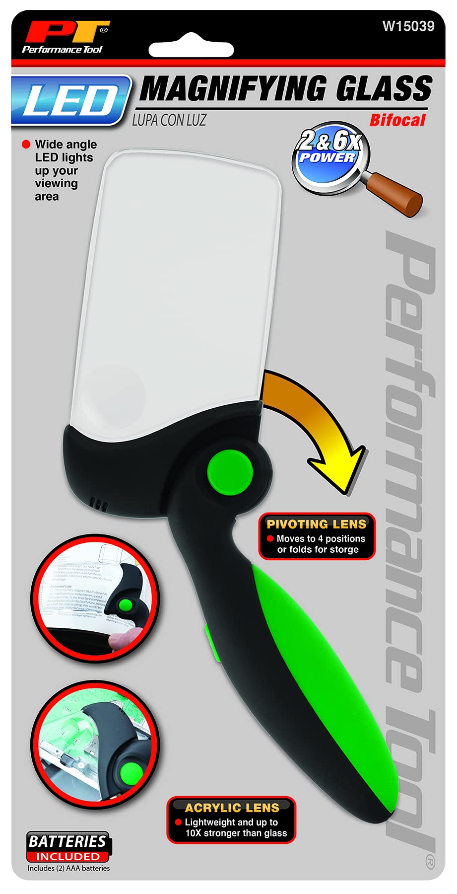 Wide Angle Performance Tool W15039 LED Bifocal Magnifier Lights Up Your Viewing Area & Folded for Easy Storage
