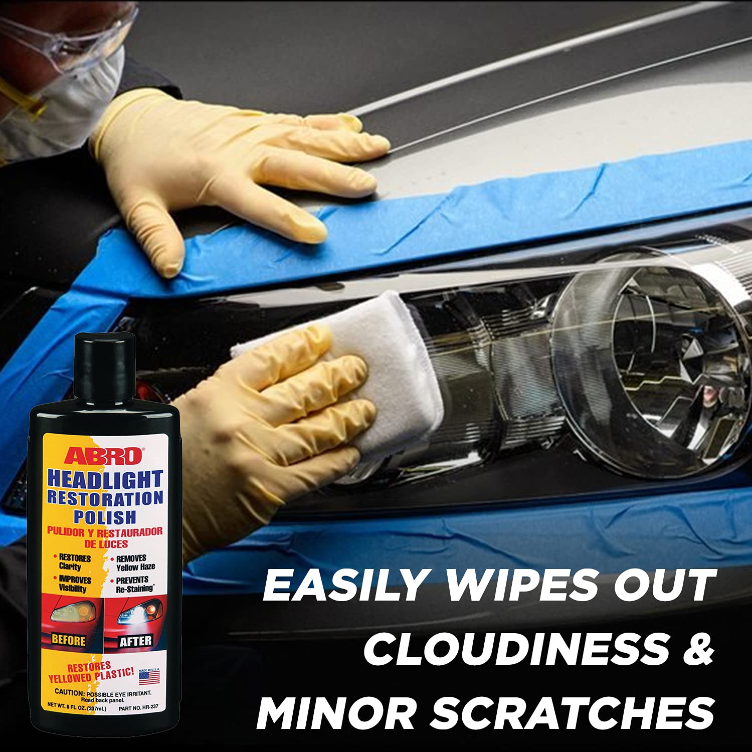 ABRO Headlight Restoration Polish, Crystal-Clear Brilliance, 8oz., Enhanced Visibility & Yellow Haze Elimination for Headlights and Taillights