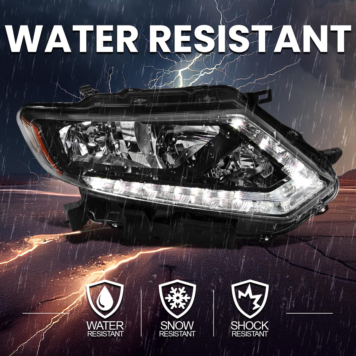 Right Passenger Side SPEC-D TUNING Black Headlight w/LED Strip Compatible with 2014-2016 Nissan Rogue