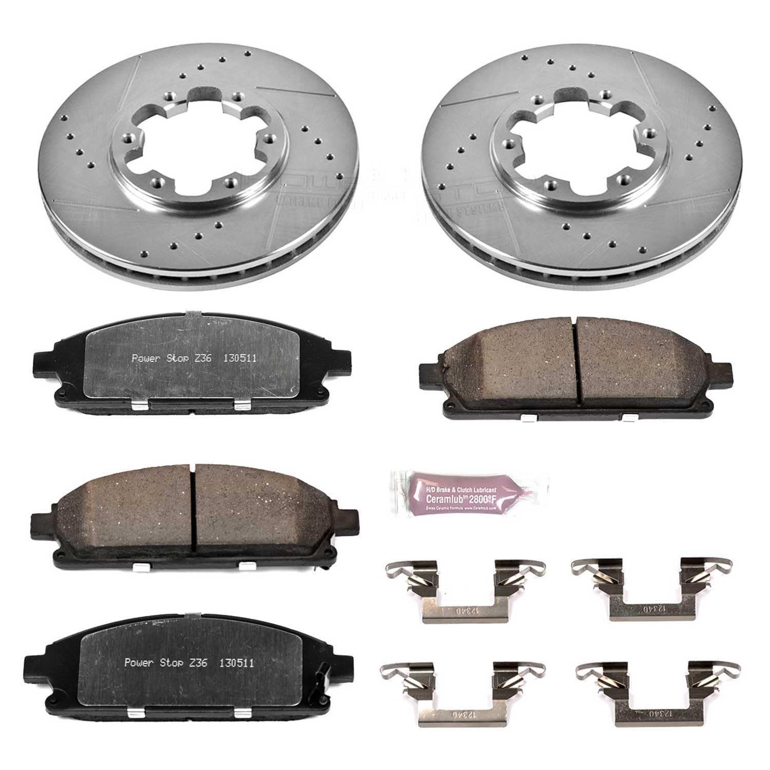Front Brake Kit Power Stop For 1996 1997 1998 Nissan Pathfinder - Truck & Tow Carbon Fiber Ceramic Brake Pads & Drilled and Slotted Rotors Replacement, K1175-36