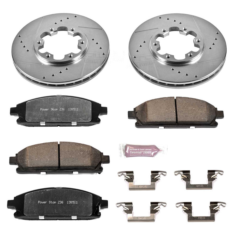 Front Brake Kit Power Stop For 1996 1997 1998 Nissan Pathfinder - Truck & Tow Carbon Fiber Ceramic Brake Pads & Drilled and Slotted Rotors Replacement, K1175-36