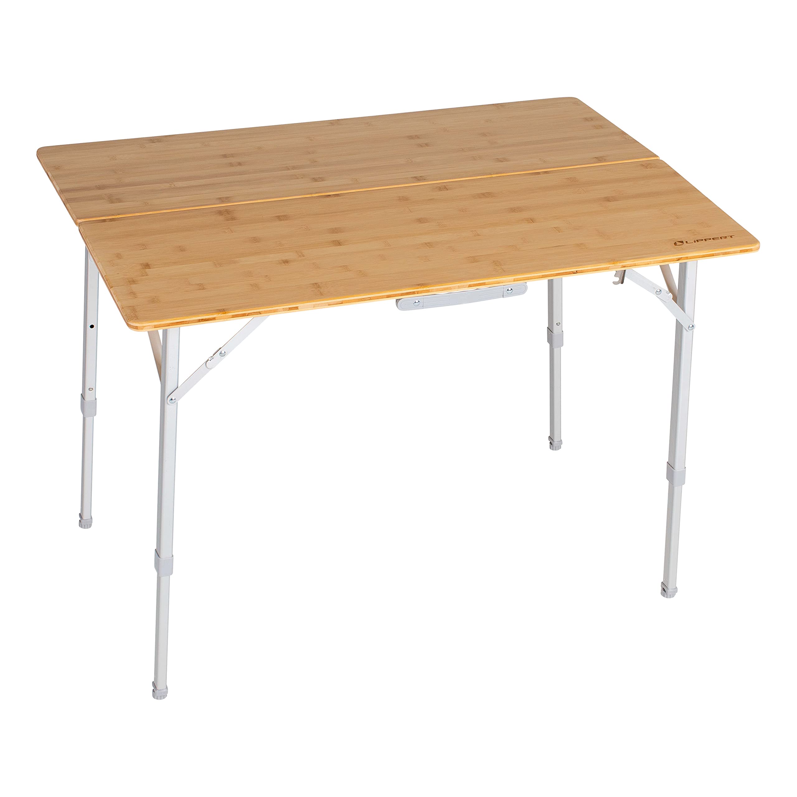 Lippert Adjustable Bi-Fold Bamboo Camp Table, 39-1/2" x 28-1/2" x 27-1/2" Tabletop, Smooth Wood Top, Adjusting Legs, 19 lbs. Portable Camping Surface - 2021011322, Brown