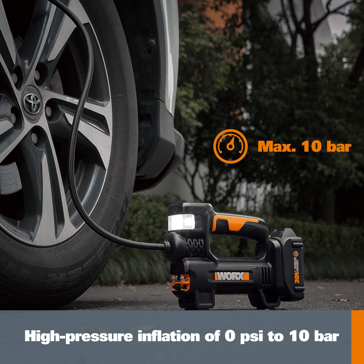 Worx 20V WX092L 2.0Ah 2 in 1 Cordless Inflator Battery and Charger Included, max. 10 Bar, Digital pressure display