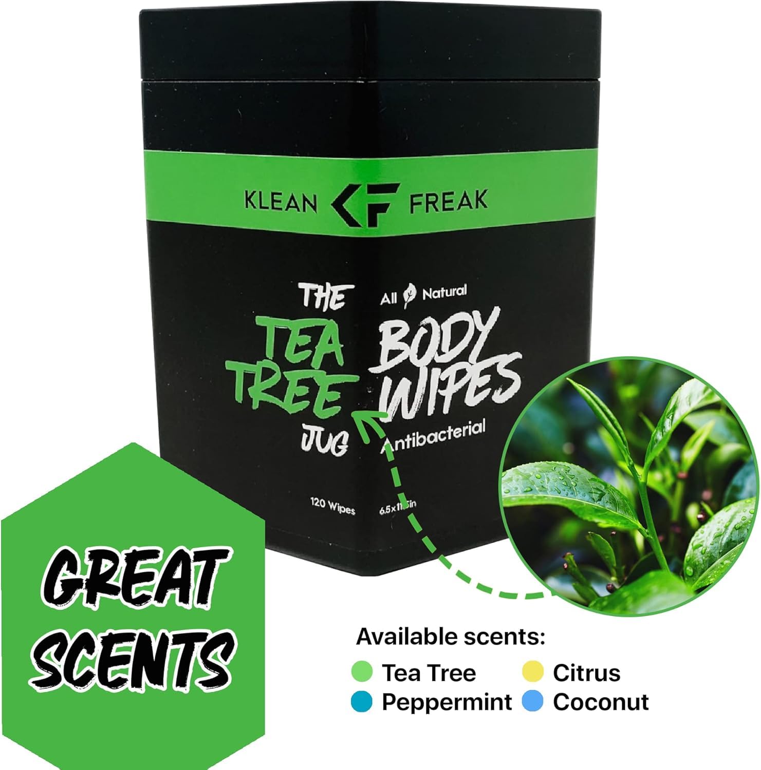 Klean Freak Body Wipes - Wipe Away Sweat and Odor for Face and Body, Large Textured, Travel, Gym, Camping and More, 120 Cnt Jug (Tea Tree)