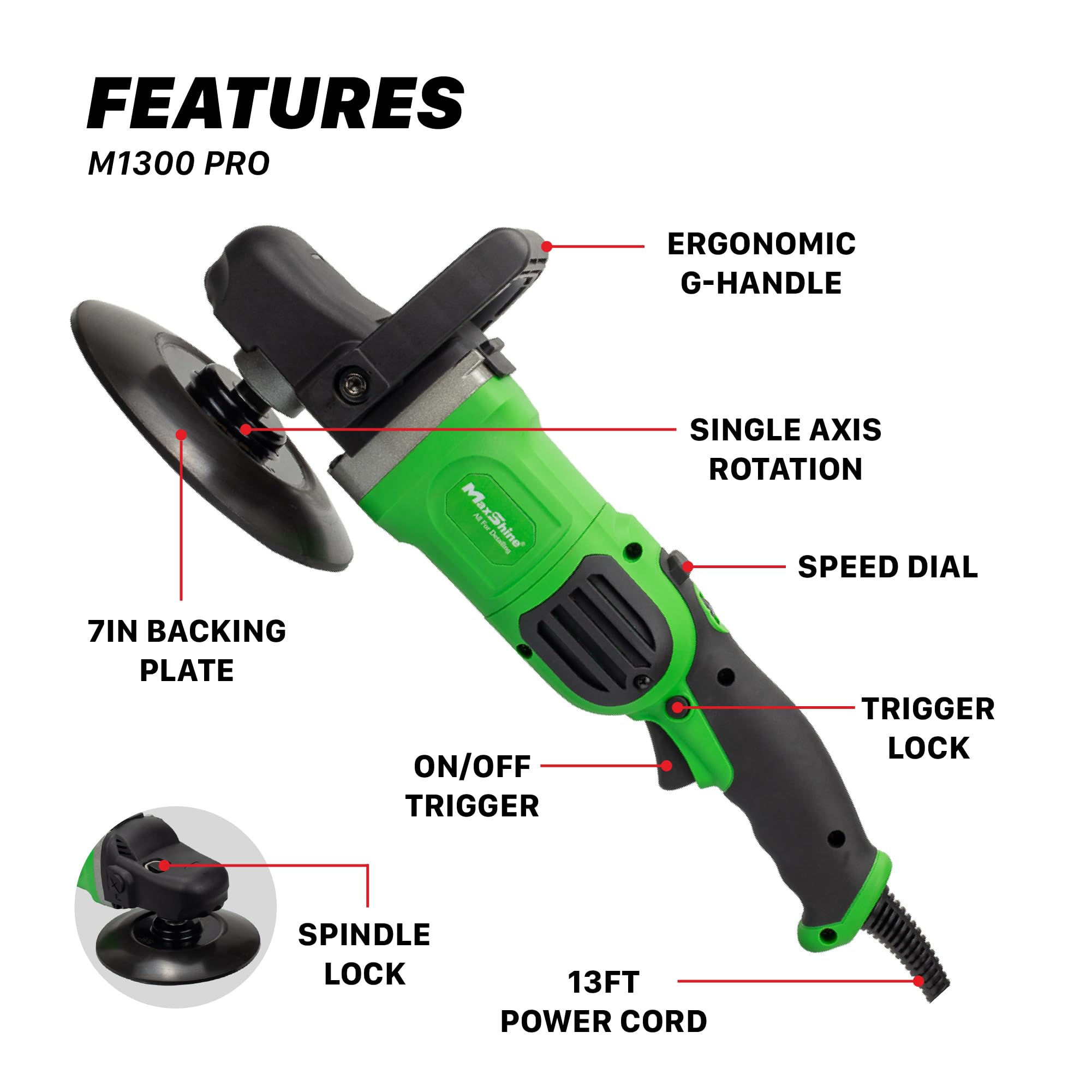 M1300 Pro Maxshine 7" Rotary Polisher - 1300W, 6-Speed, 5/8” Thread - Auto Detailing Tool for Paint Protection, Swirl & Scratch Repair, Buffing, Glossy Shine - Ideal for Cars, Trucks, SUVs