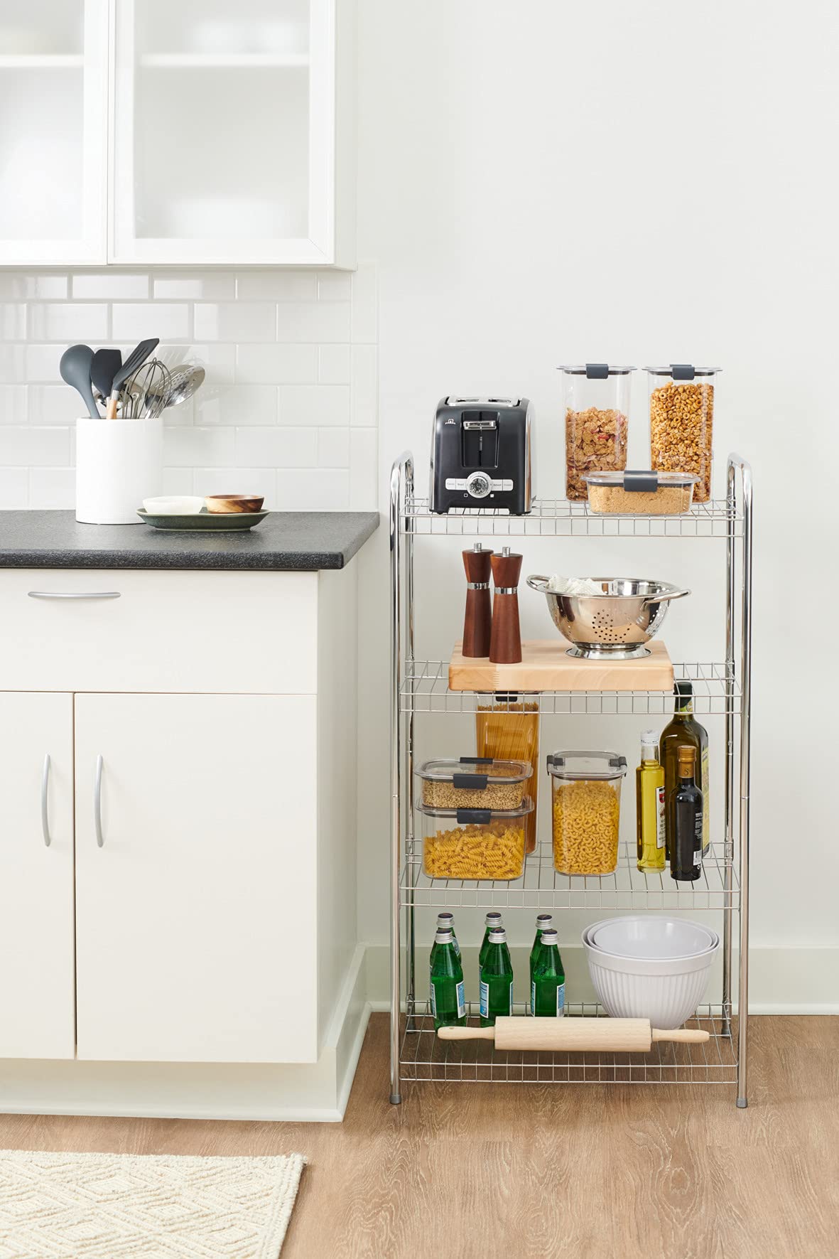 Rubbermaid Heavy Duty 4-Tier Wire Shelf, Satin Nickel, Easy Assemble with Hardware Included, for Food/Laundry/Closet Home Storage Use