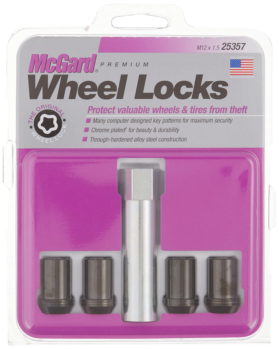 Tuner Style McGard Cone Seat Wheel Locks Black (M12 x 1.5 Thread Size) - Set of 4, 4 Locks / 1 Key