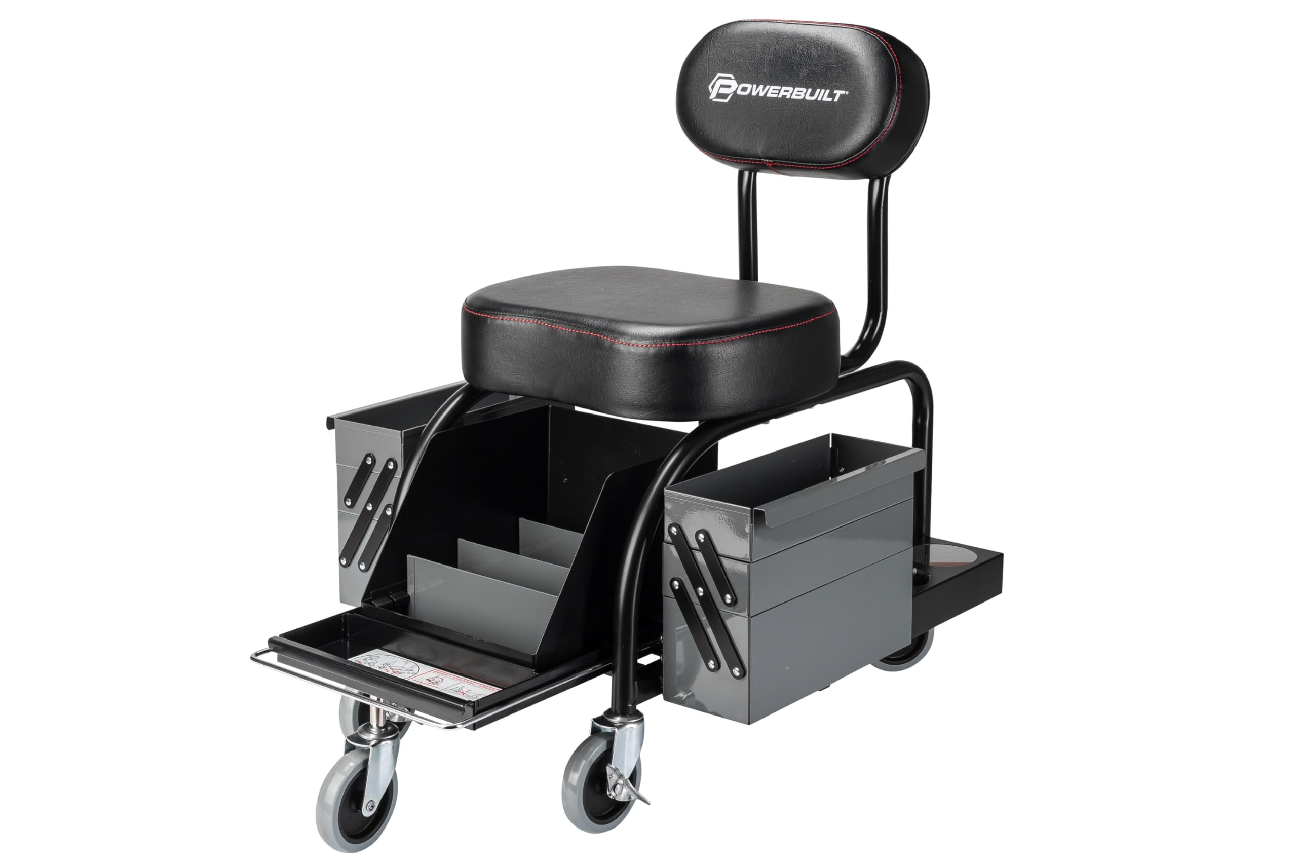 Powerbuilt Professional Roller Seat Mechanics, Heavy Duty Padded Detailer Seat and Backrest, Sliding Storage Drawers, Tool Tray, Can Holders, 4-Inch Swivel Wheels