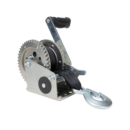 2000lb Camco Boat Trailer Winch - Manual Hand Crank Boat Winch Features 20-Foot Strap & 2-Way Ratchet - 2,000lb Weight Capacity - Boat Trailer Accessories (50000)