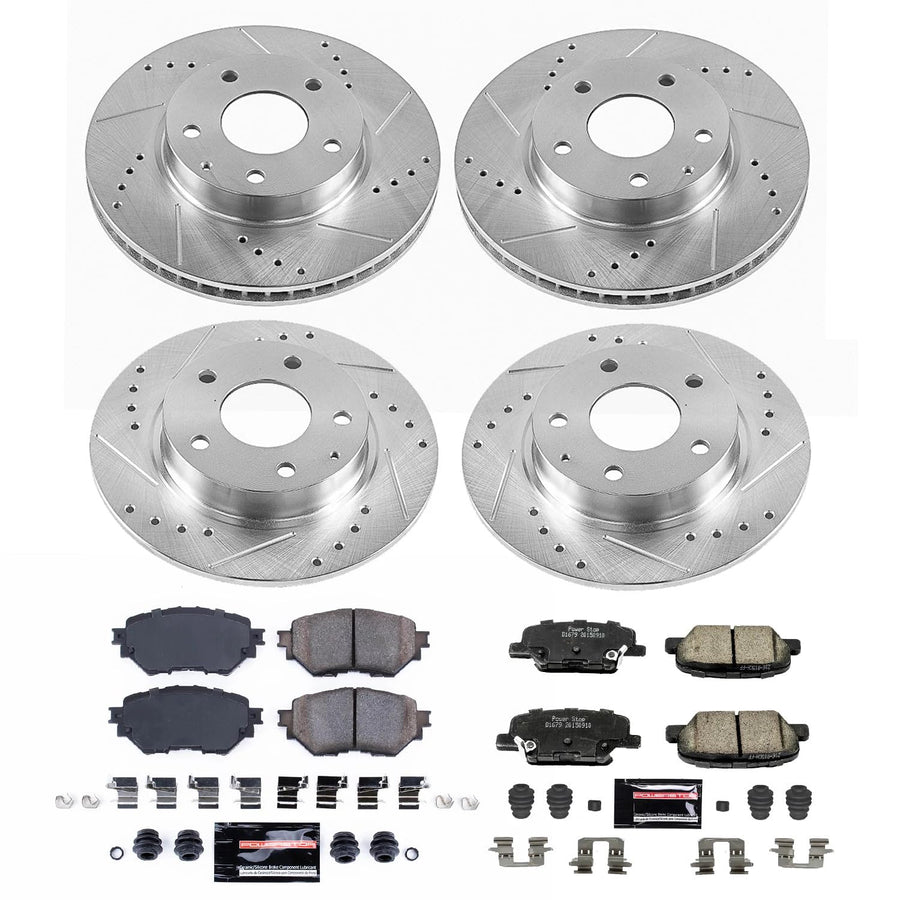 Power Stop K6973 Z23 Carbon Fiber Brake Pads Front and Rear with Drilled & Slotted Brake Rotors Kit For Mazda 3 2014-2016 [Model Specific]