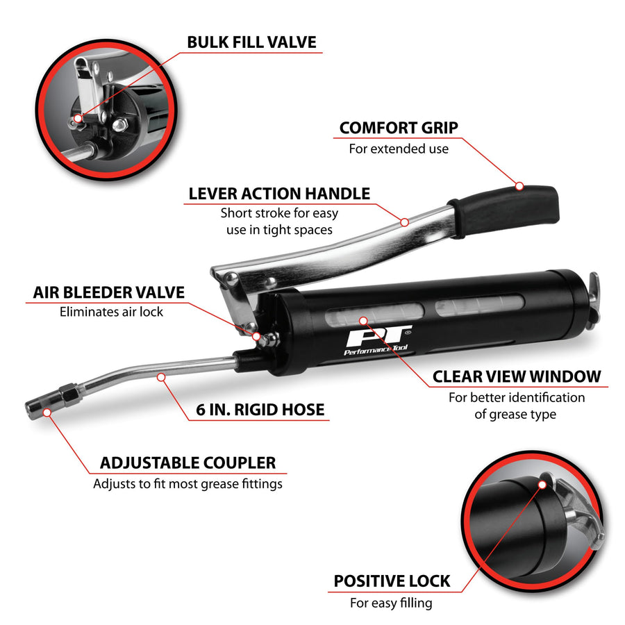 Clear View Performance Tool W54293 Lever Grease Gun - Easily Grease Fittings with Clear View Barrel and Comfortable Lever Action Handle