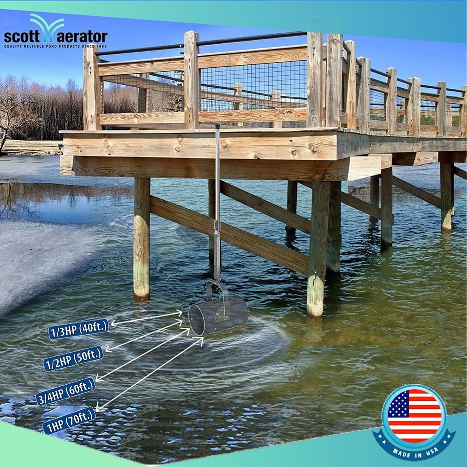 Aerator Scott De-Icer for Lakes & Ponds | 3/4 Horse Power 230V Stainless Steel | 25 ft. Electric Corded Cable Included with Dock Mount Assembly | Made in USA