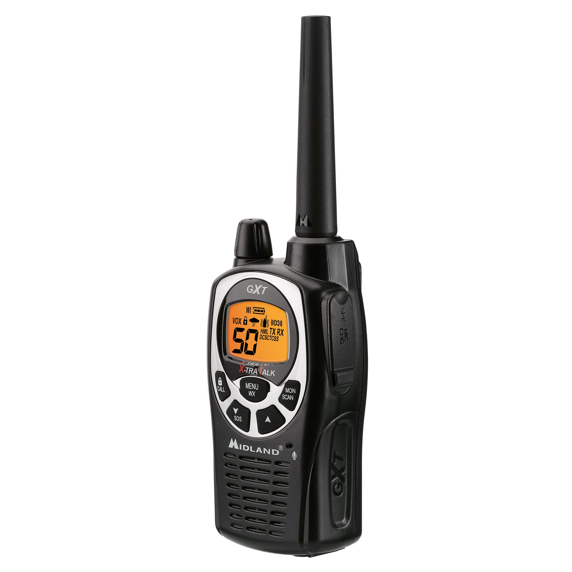 Midland Two-Way Radio 50 Channel GMRS - Long Range Walkie Talkie with 142 Privacy Codes, SOS Siren, and NOAA Weather Alerts and Weather Scan (Black/Silver, Pair Pack)