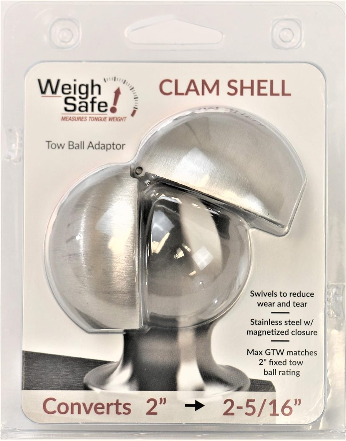 Stainless Steel Weigh Safe Clamshell - Tow Ball Adapter - Converts 2" Tow Ball to 2-5/16" - Universal Fit - Premium Hitch Accessory