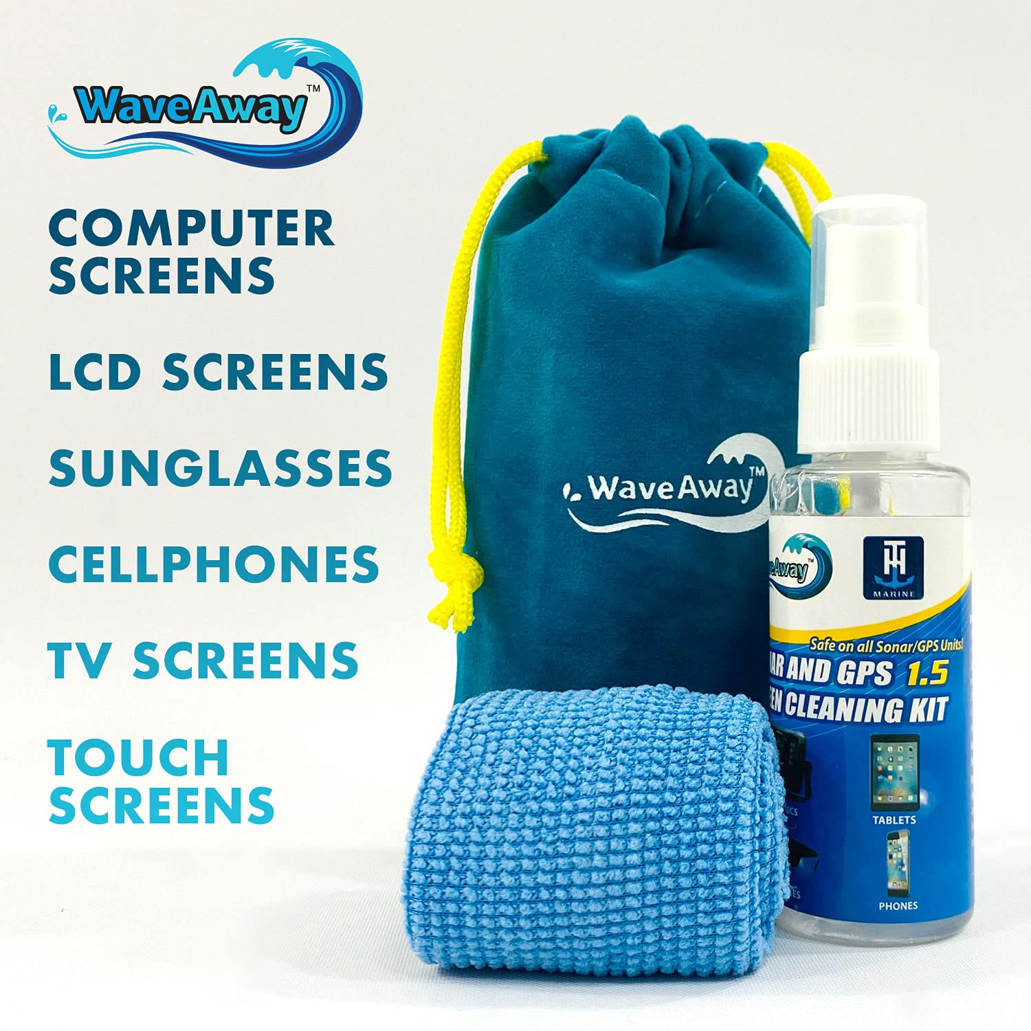 T-H Marine Wave Away Screen Cleaner Kit Sonar & GPS – Ammonia-Free LCD Cleaner with Microfiber Cloth – Drip-Resistant, Streak-Free Solution for Electronics & Sunglasses – 1.5oz