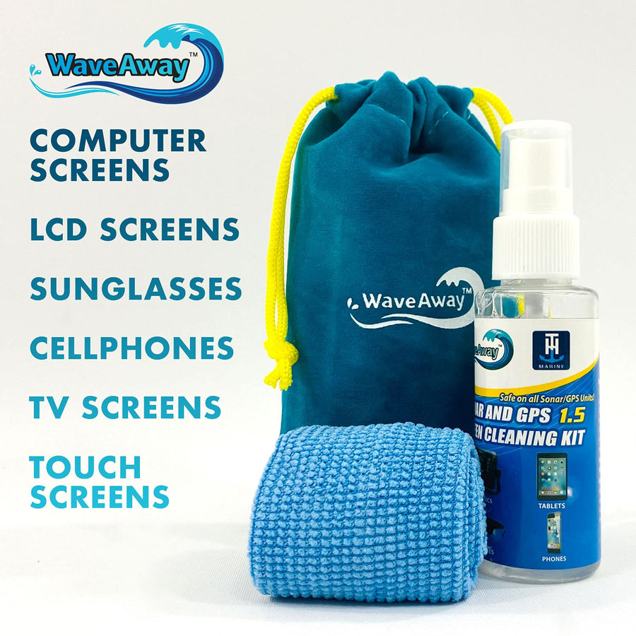 T-H Marine Wave Away Screen Cleaner Kit Sonar & GPS – Ammonia-Free LCD Cleaner with Microfiber Cloth – Drip-Resistant, Streak-Free Solution for Electronics & Sunglasses – 1.5oz