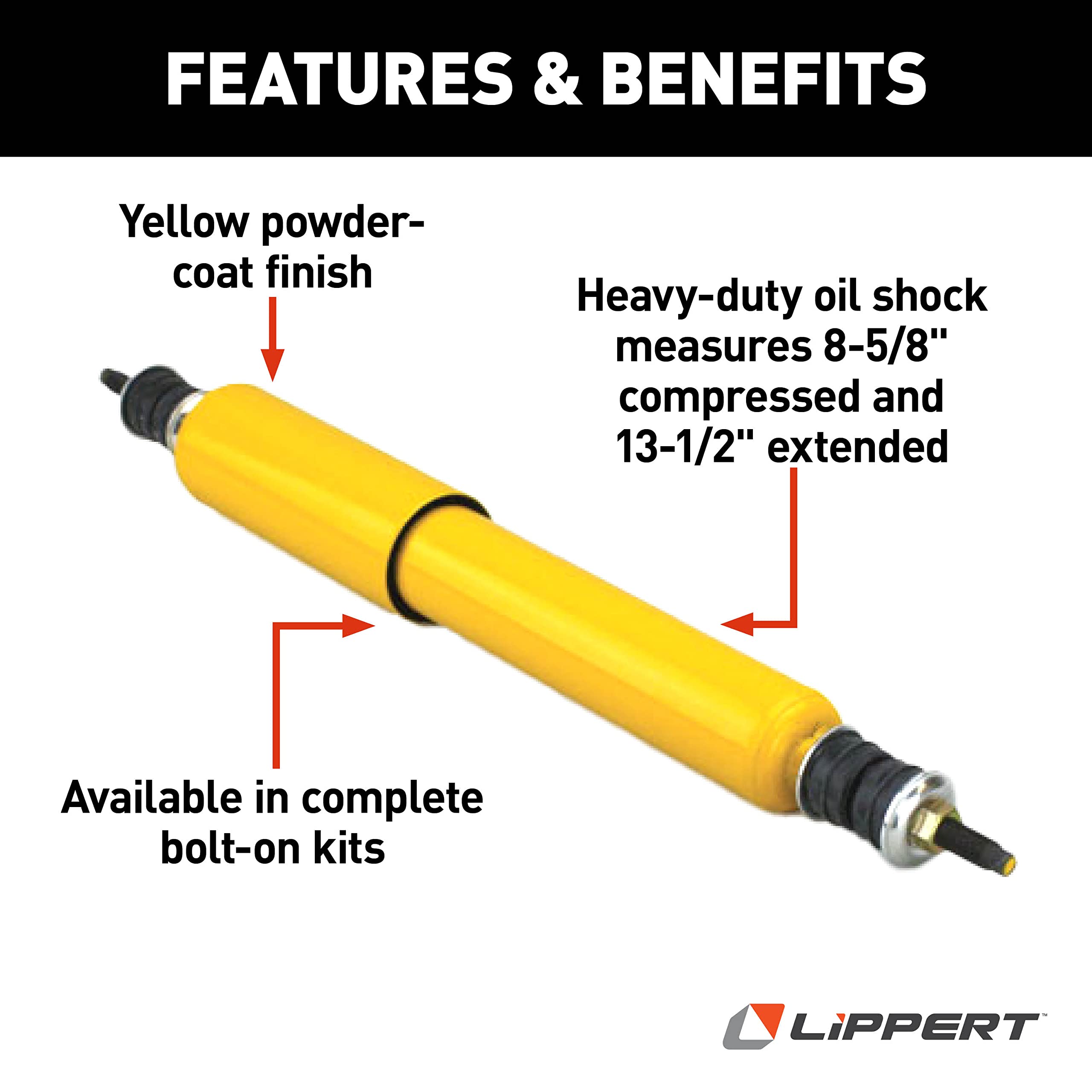 Heavy-Duty Lippert Replacement Shock for RV Trailer Suspension System, Yellow, Measures 8-5/8" Compressed, 13-1/2" Extended, Bolt-On, One Per Package - 283280
