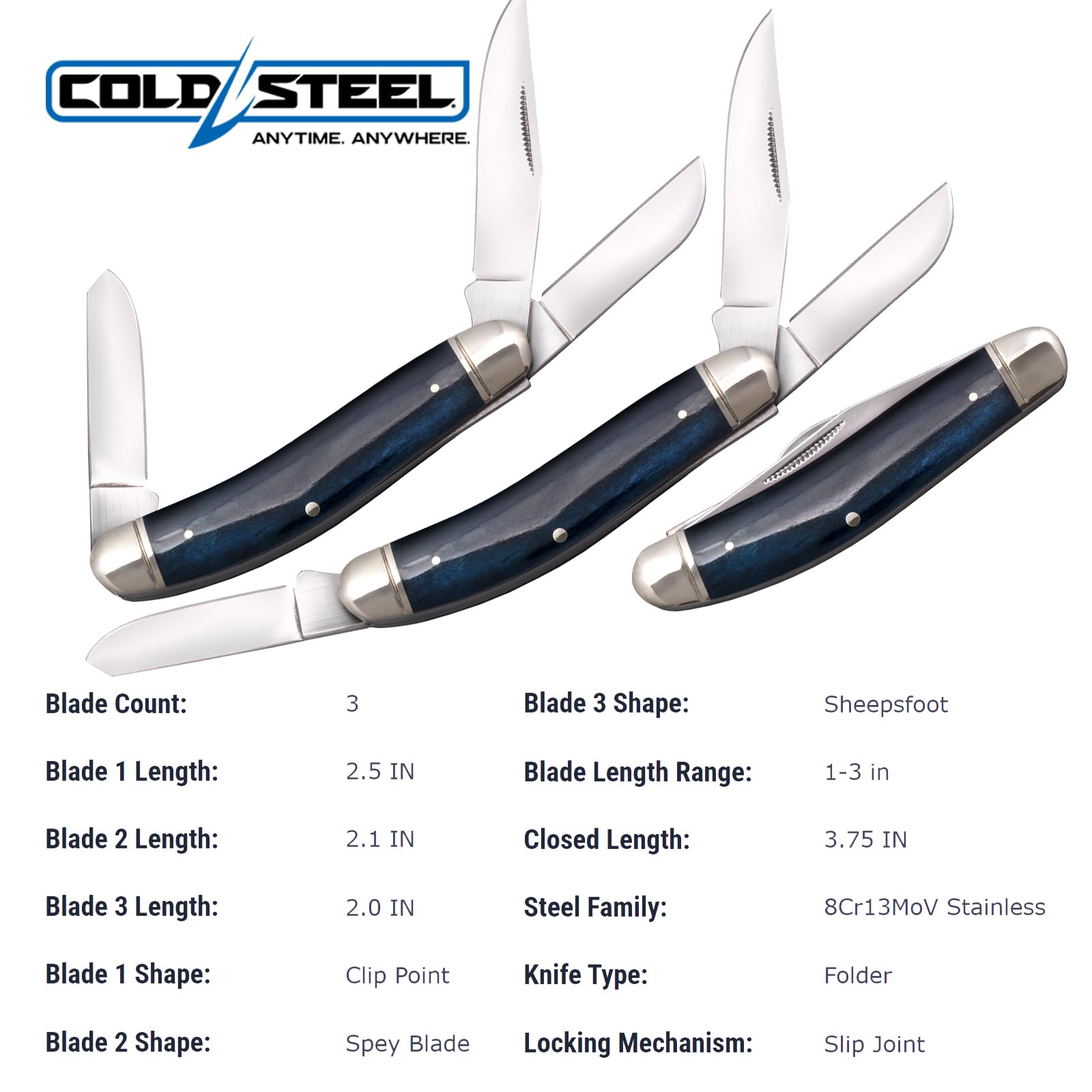 Cold Steel Stockman Gentlemen's Versatile Practical Durable Compact Pocket Folding Knife - 3 Blades; Blue Bone Handle; Slip Joint Lock