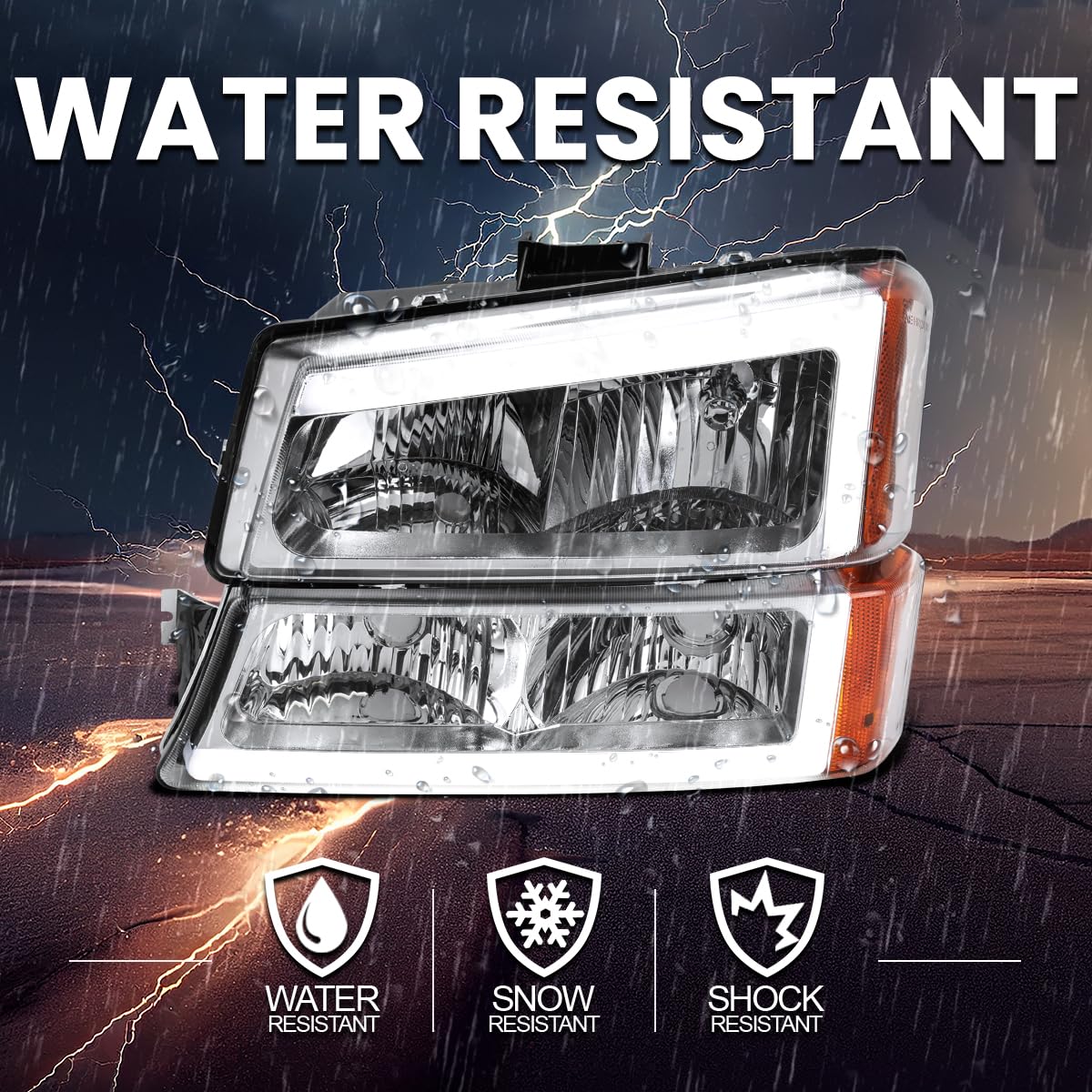 Chrome Headlights SPEC-D TUNING w/LED Light Bar Compatible with 2003-2007 Chevy Silverado 1500 2500 2002-2006 Avalanche, Left + Right Pair Headlamps Assembly