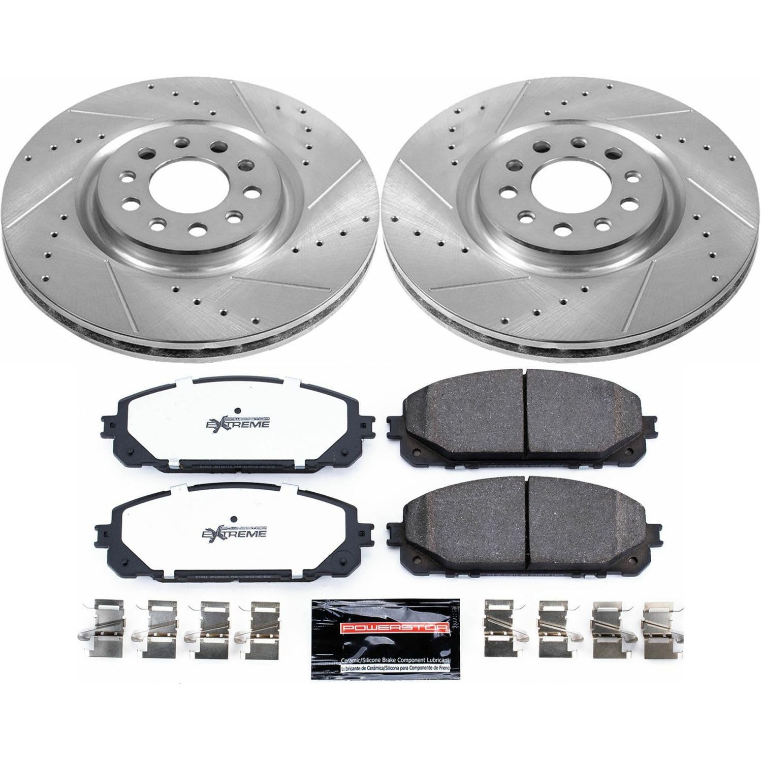 Front Brake Kit Power Stop For 2016 2017 2018 2019 2020 2021 2022 2023 Jeep Cherokee - Truck & Tow Carbon Fiber Ceramic Brake Pads & Drilled and Slotted Rotors Replacement, K7414-36