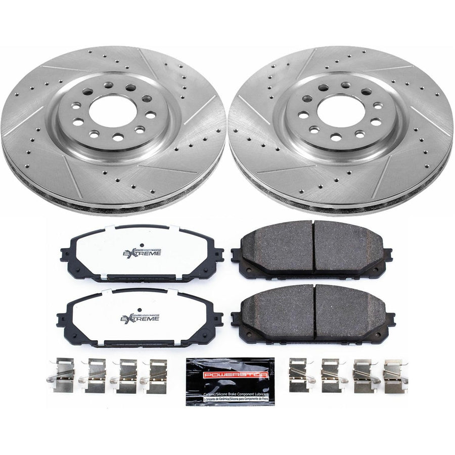 Front Brake Kit Power Stop For 2016 2017 2018 2019 2020 2021 2022 2023 Jeep Cherokee - Truck & Tow Carbon Fiber Ceramic Brake Pads & Drilled and Slotted Rotors Replacement, K7414-36