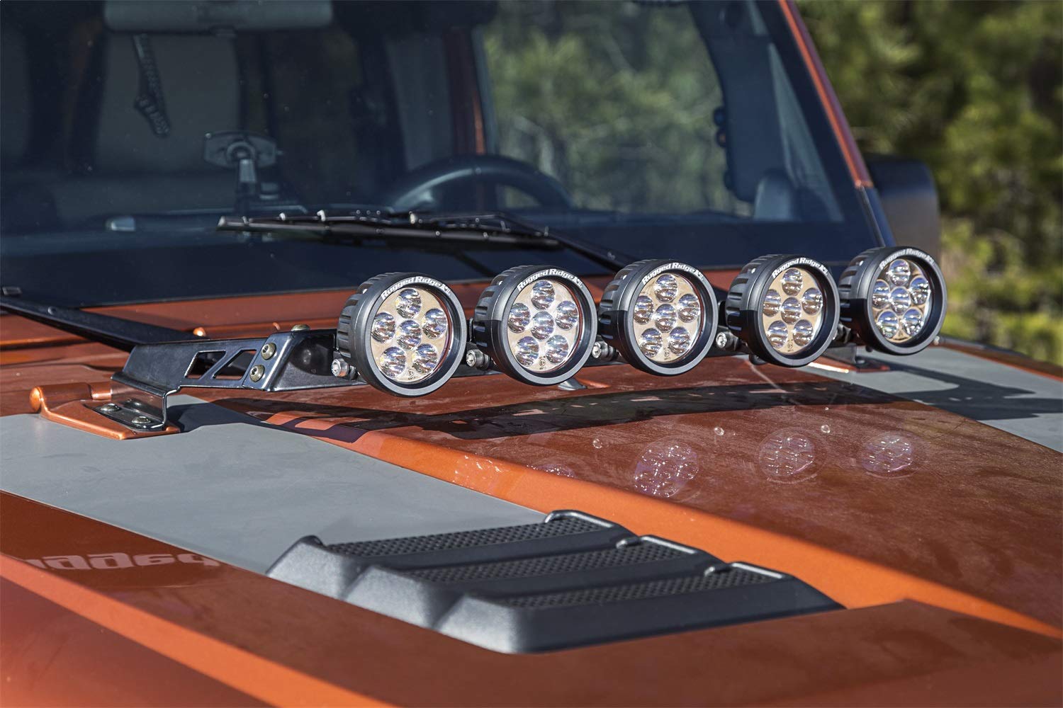 Light Bar Kit, Rugged Ridge Hood Mounted, 5 Round | 11232.07 | Fits 2007-2018 Jeep Wrangler JK