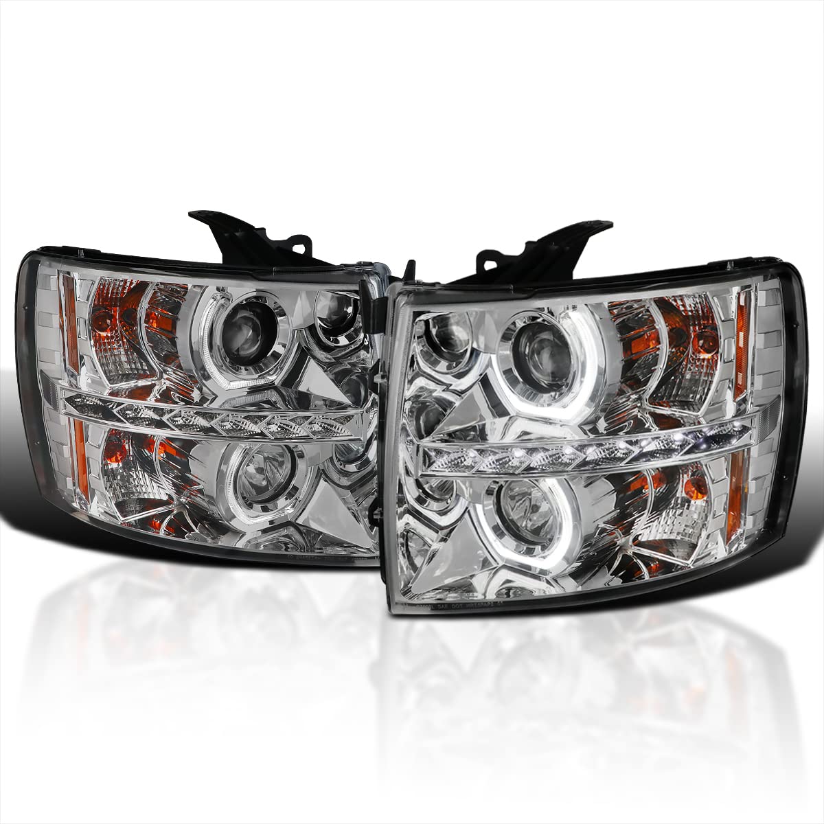 Chrome Housing Spec-D Tuning Clear Lens Halo Projector Headlights w/LED Compatible with 2007-2013 Chevy Silverado 1500, 2007-2014 Chevy Silverado 2500HD/3500HD, Left + Right Pair Headlamps Assembly