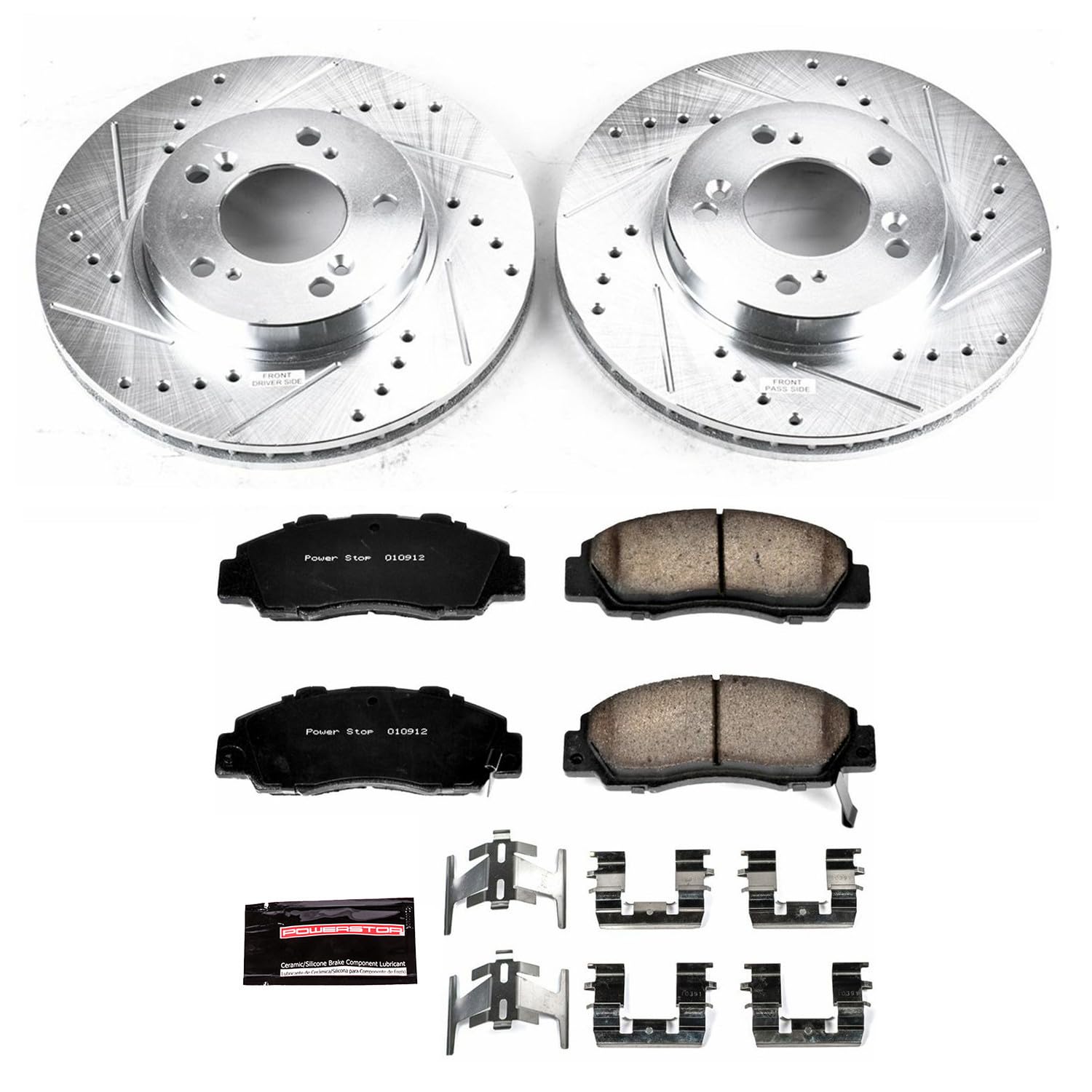 Power Stop K704 Z23 Carbon Fiber Brake Pads with Drilled & Slotted Brake Rotors Kit For Acura Integra, Acura Legend, Acura RL, Acura TL, CR-V, Odyssey, Prelude, Oasis [Model Specific]