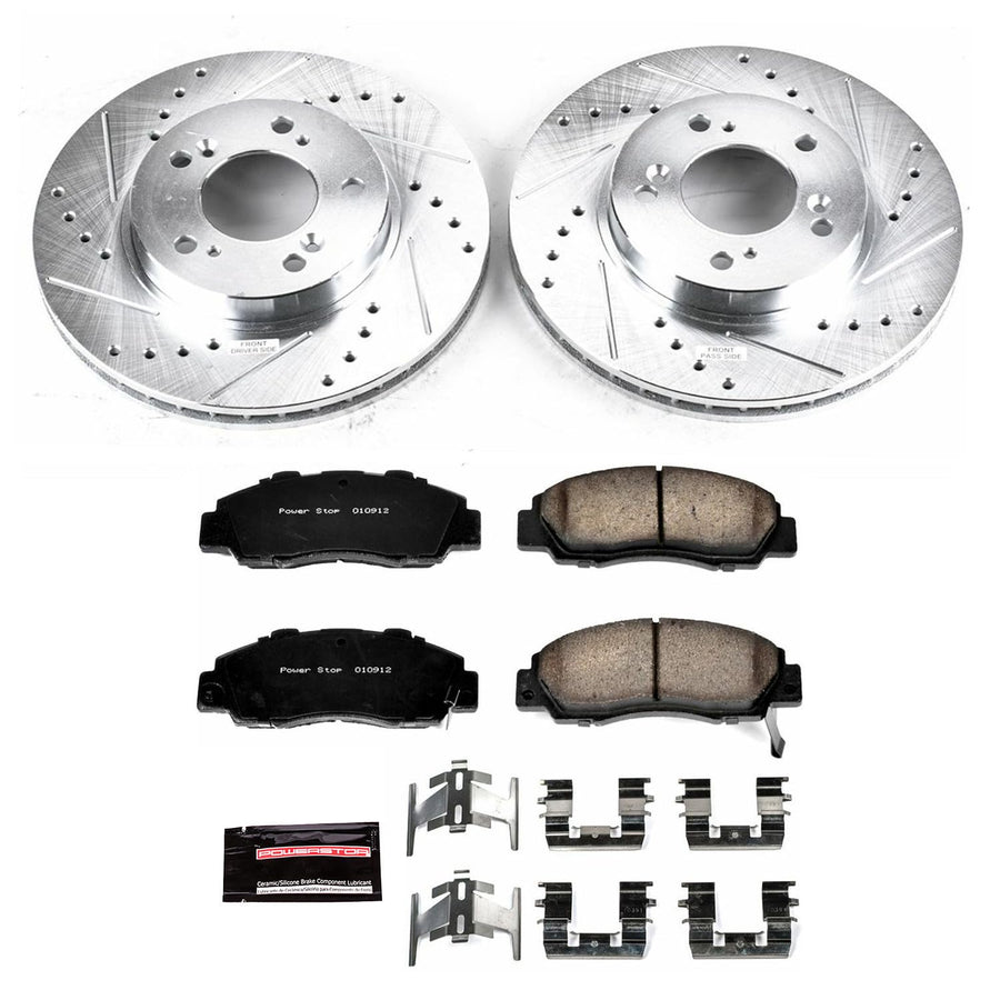 Power Stop K704 Z23 Carbon Fiber Brake Pads with Drilled & Slotted Brake Rotors Kit For Acura Integra, Acura Legend, Acura RL, Acura TL, CR-V, Odyssey, Prelude, Oasis [Model Specific]