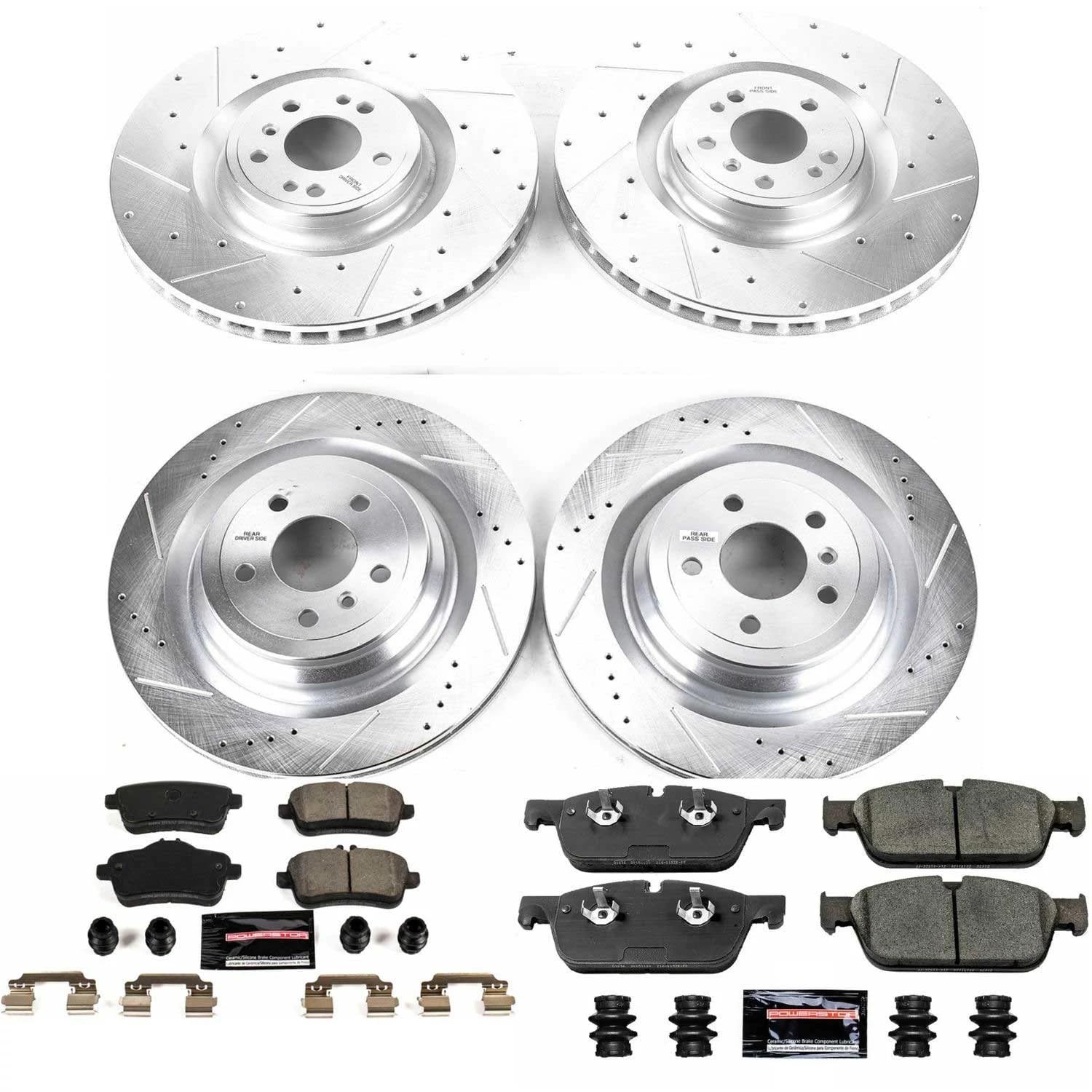 Power Stop K7443 Z23 Carbon Fiber Brake Pads Front and Rear with Drilled & Slotted Brake Rotors Kit and 1 Front & 1 Rear Sensor Wires For Mercedes-Benz GLS550 2017-2018 [Model Specific]