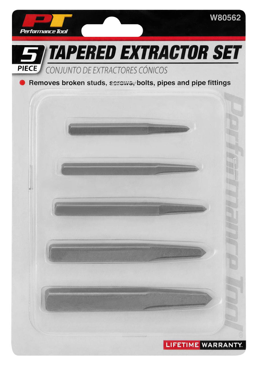 W80562 Performance Tool Screw Extractor Set - 5-Piece Chrome Vanadium Steel Set with Flutes for Positive Grip, Includes Handy Organizer