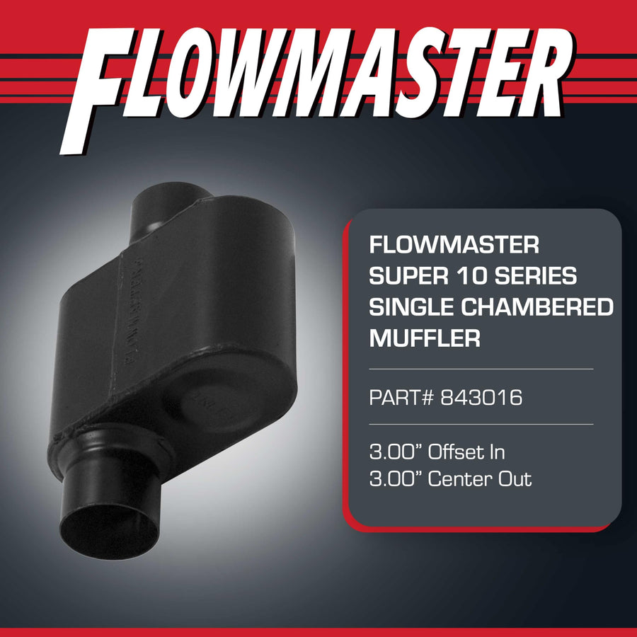 Flowmaster Super 10 Series Muffler Chambered – 3.00” Offset In / 3.00” Center Out – Race-Inspired Sound – 409 Stainless Steel – Ideal for Muscle Cars, LS Swaps, Drag Cars & Off-Road Build (843016)