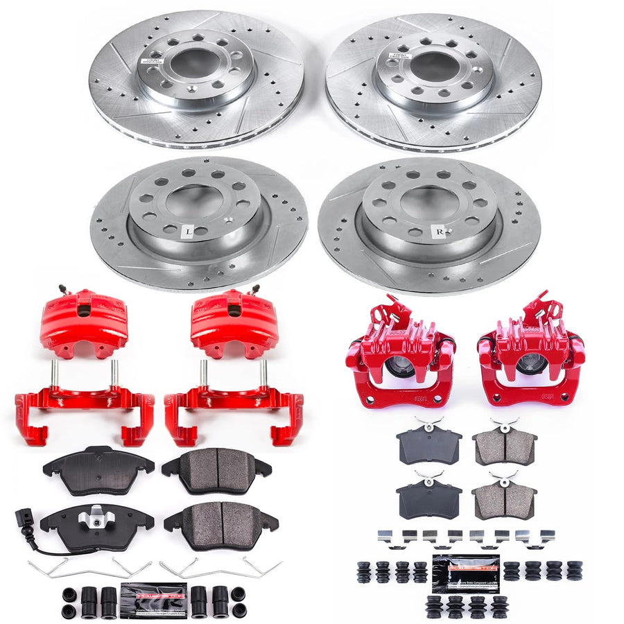 Power Stop Z23 KC5749 Evolution Sport Front and Rear Caliper Brake Kit-Drilled/Slotted Rotors, Carbon Ceramic Brake Pads, Calipers For Audi A3, VW Beetle, VW Jetta [Model Specific]