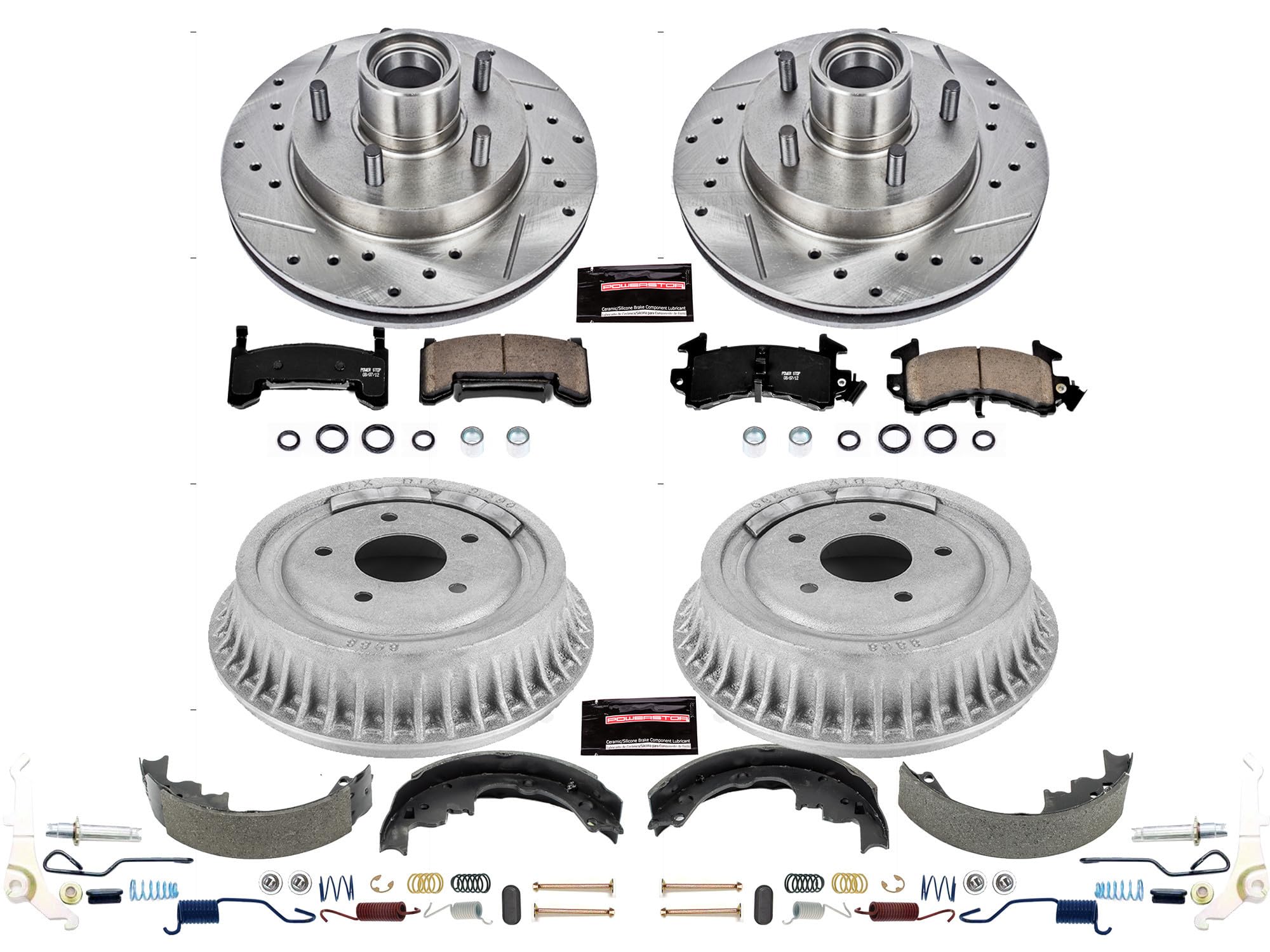 Power Stop K15054DK Z23 Carbon Fiber Brake Pads Front and Rear with Drilled & Slotted Brake Drums Kit For Blazer, S10, S10 Blazer, Jimmy, Sonoma, Hombre [Model Specific]